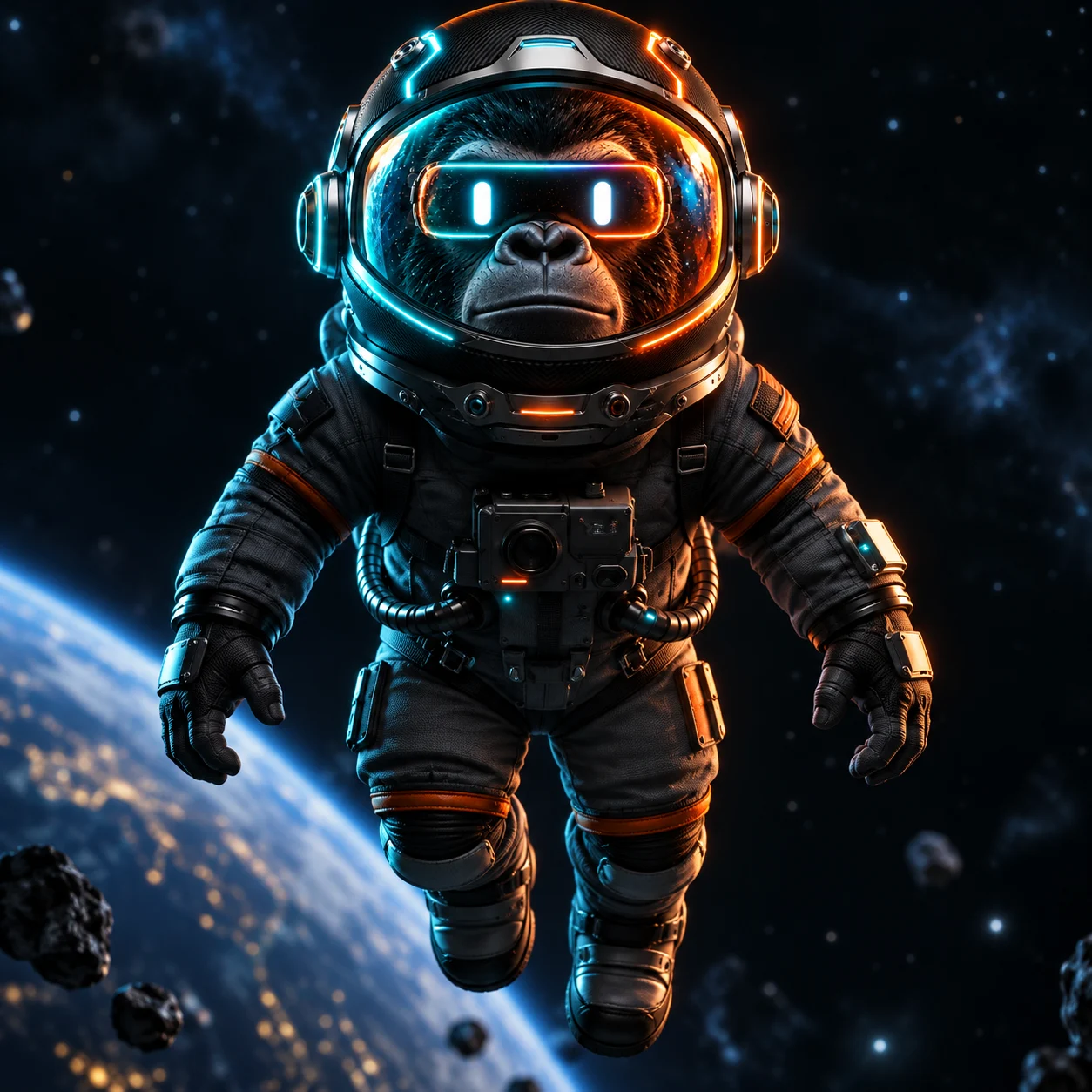 Nuestro gorila astronauta flotando sobre la Tierra
